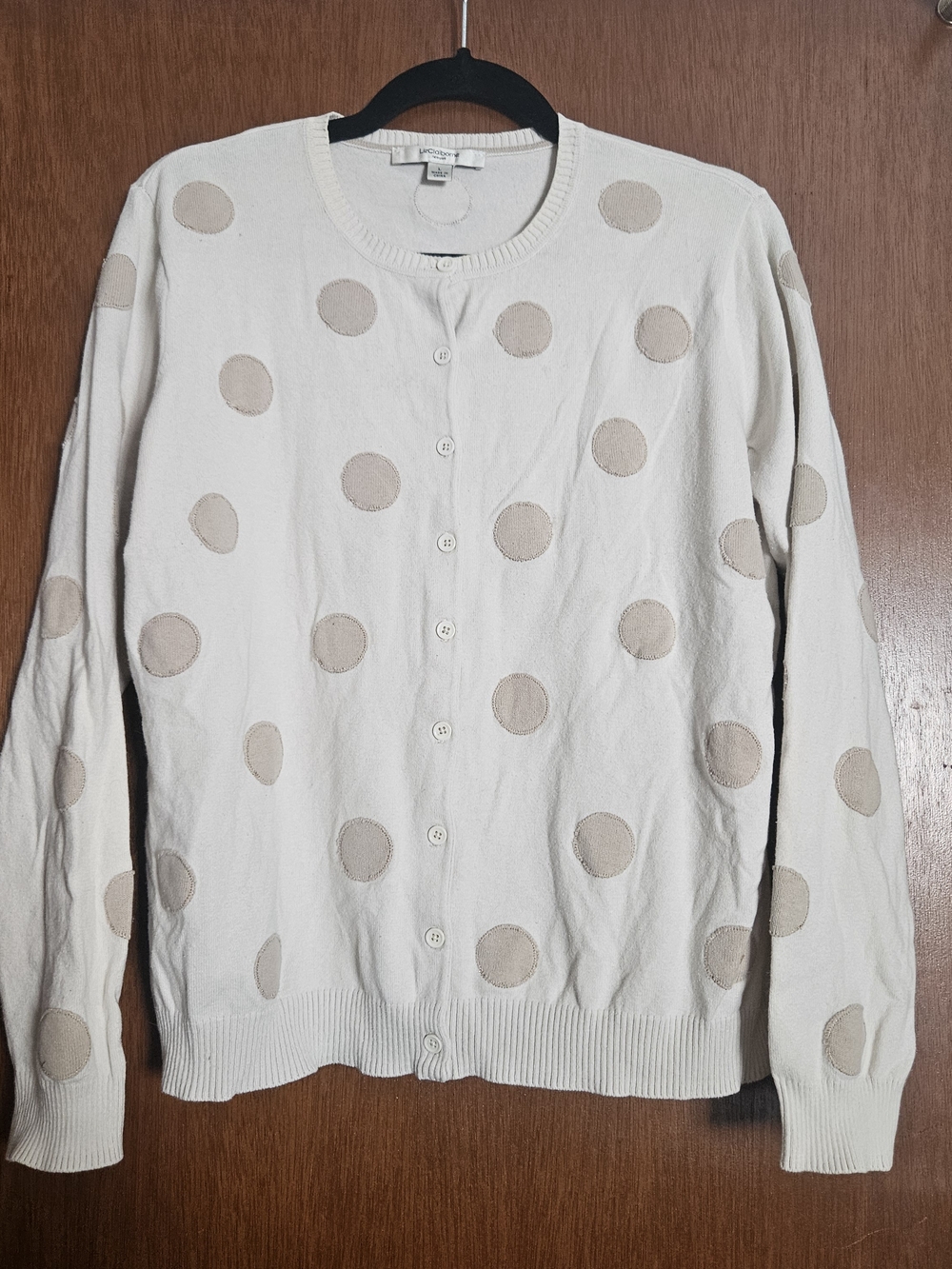 Liz Claiborne Cream Cardigan with Beige Polka Dots